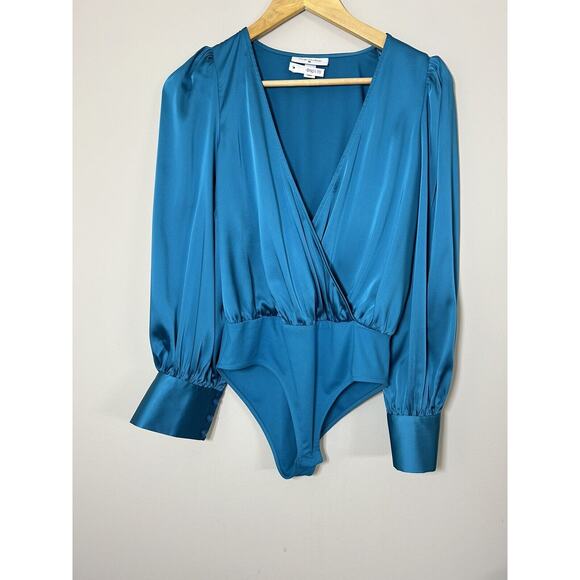 Sergio Hudson Teal Crossover Satin Bodysuit Womens Long Sleeve Blouse Sz XS - Picture 1 of 10
